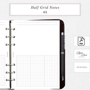 Puede incluir: Notas de media cuadrícula tamaño A5 imprimibles. La imagen muestra un planificador con un patrón de cuadrícula, un bolígrafo y el texto "Half Grid Notes" y "A5". También se ven el icono PDF y el logotipo "Paper Dove Designs".