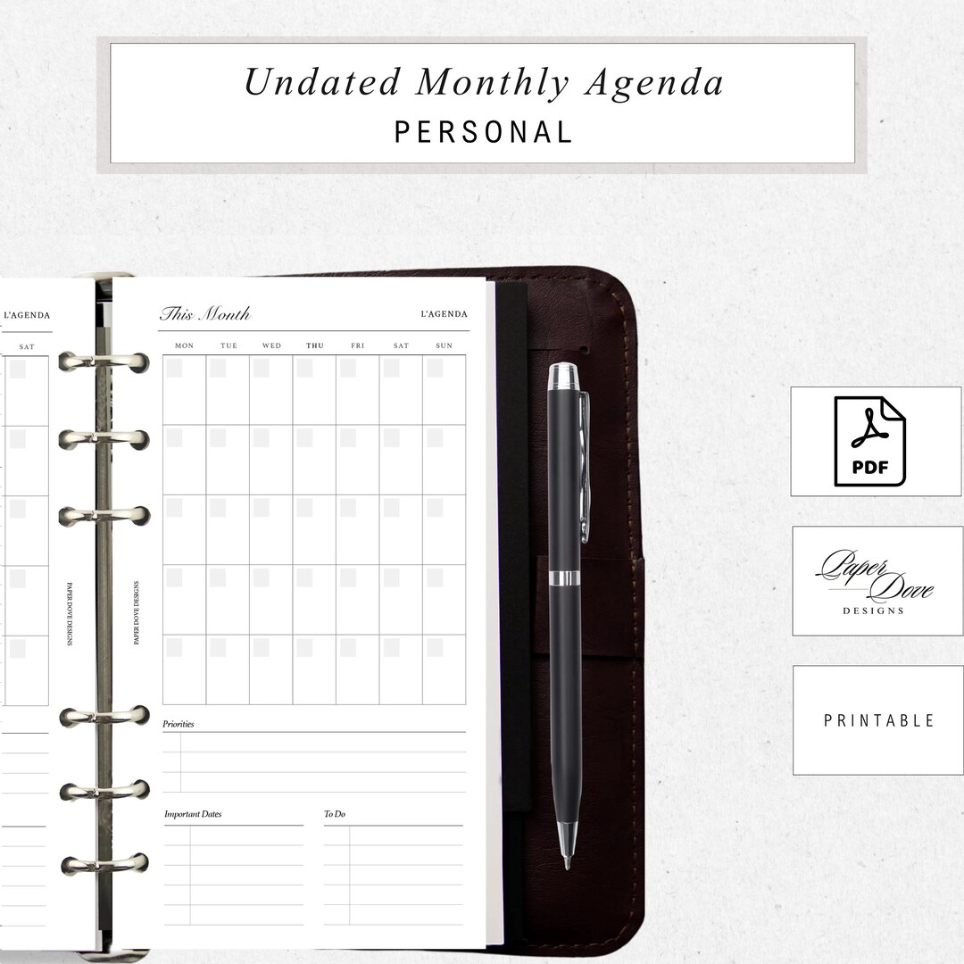 Personal Undated Monthly Planner Insert | Month on 1 Page | Undated ...