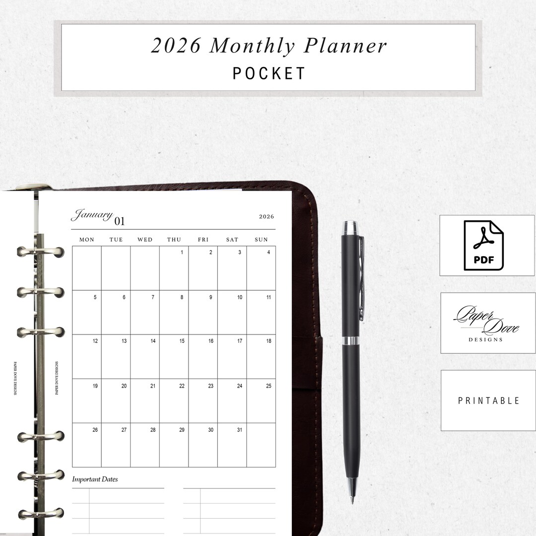 2026 Pocket Monthly Planner Insert | Minimal Printable | Ring Binder ...