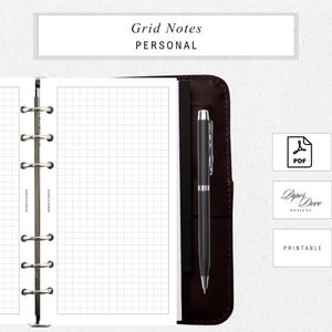May include: A brown leather personal planner with grid notes. The planner is open to a blank grid page with a black pen inserted. The text "Grid Notes PERSONAL" is at the top. The image also includes a PDF icon and the text "Paper Dove DESIGNS PRINTABLE."