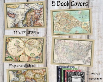 Map book covers, journal book cover, printable maps instant download, antique travel maps, back to school book covers, teachers printable
