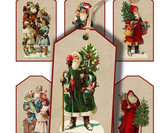 Vintage Santa Gift Tags Digital, Christmas Images, Digital Download, Old Fashioned Father Christmas tags, red, green, holiday crafts