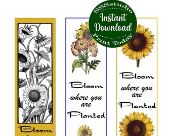 Sunflower Bookmarks, Bloom Where Planted, Christian ministry gift, Instant Download Printable bookmark, Yellow flower gift tag
