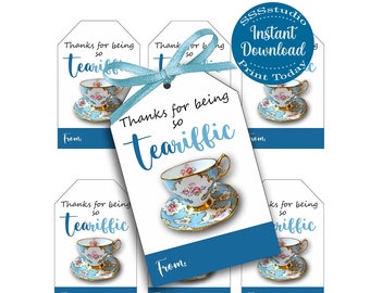 Tea-riffic Gift Tags, Tea cup Tags, thank you tags, Tea Party tag, printable gift tags, Digital Tea Party Favor, thank you tags, blue