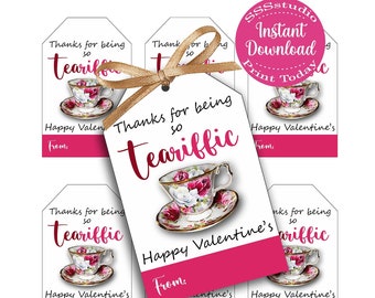 Tea-riffic Valentine's Gift Tags, Tea cup Tags, Digital Tea Party Favor, Digital Printable, Valentines Day Tea Party, printable gift tags