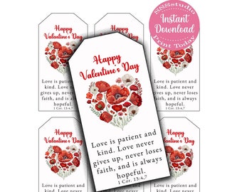 Valentine's giftTags, Vintage Hearts, Valentine scripture tag, digital Gift tags, Party favor, love bible verse, Christian women's ministry