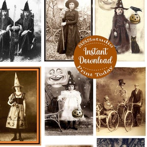 Fotos vintage de Halloween, imagens digitais de Halloween, bruxas, esqueleto, cabeça de abóbora, download para impressão, clip art para scrapbook, diários de lixo