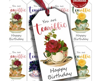 Floral Tea Birthday Gift Tags, Printable Tags (Digital Download), party book marks
