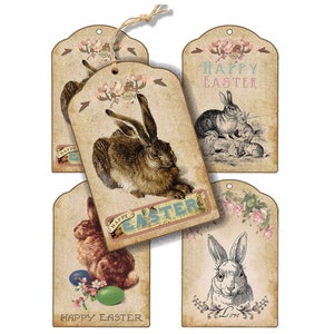 Osterkaninchen Geschenkanhänger digitale französische Kaninchen Vintage Ostern Digitaler Download druckbare Osterkorb Geschenkanhänger, Ostern Collage