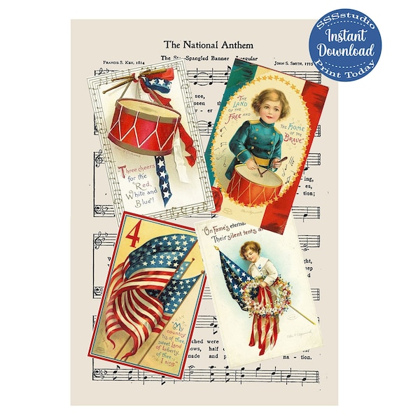 Amerika patriottische cadeaukaartjes, vintage 4 juli tags, scrapbook-illustraties, instant download, Independence Day vlaggen rode trommel, collage, vlag van de VS