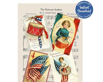 Amerikanska patriotiska presentetiketter, vintage 4 juli-etiketter, scrapbook-clipkonst, direktnedladdning, röd trumma för självständighetsdagens flaggor, collage, USA-flagga