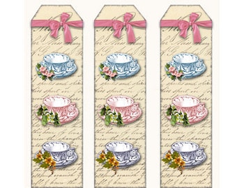 Tea Party bladwijzers Digitale Tea Party gunsten, vintage theekopjes, afdrukbaar feestlabel Cadeaulabel theekransje decor, instant download, roze lint