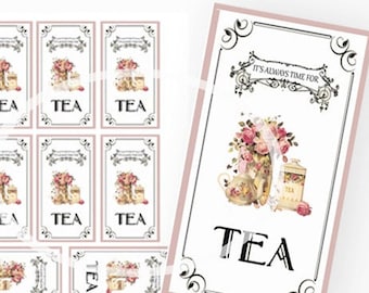 Tea Party tags, Tea Party Favors Digital Tea Tags, Printable Tea Bookmarks. Instant Download, Bridal shower tea, Party Printable, tea tags
