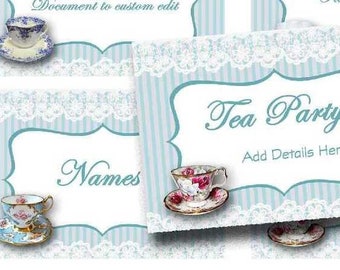 Tea Party naamkaartjes Digitale tentkaarten, plaatskaarten vrijgezellenfeest, babyshower, damesthee, instant download, vintage theekopjes afdrukbaar