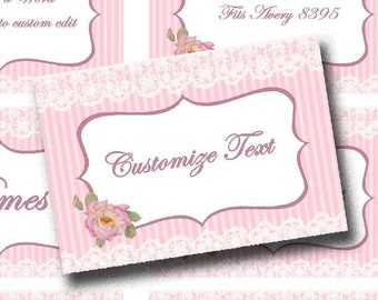 Pink Place Cards Printable, Pink Ribbon Place Cards Digital Name Cards, Food Labels, Table Cards, Table Number Cards, Tea Party tags,