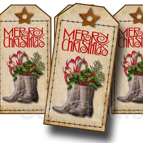 Western Merry Christmas Tag, Country Boots and Holly, Candy Canes, Printables, Digital tags, Christmas Gift Tags, craft supplies, journals