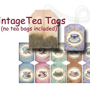 Tea Bag Tags, Vintage Party Favors, Digital Download, Printable Gift Tags, Tea printables, Tea Party Tags, Colorful Tea Cups, Teabag Tags image 1