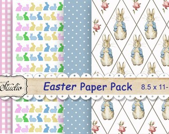 Easter Rabbit Digital Paper Pack, printable scrapbook paper, Bunnies, Peter Rabbit, checks polka dots paper, scrapbook clip-art, background