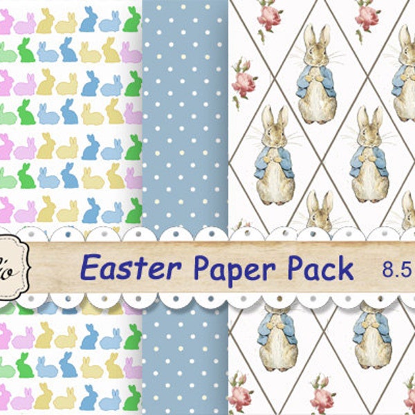 Easter Rabbit Digital Paper Pack, printable scrapbook paper, Bunnies, Peter Rabbit, checks polka dots paper, scrapbook clip-art, background