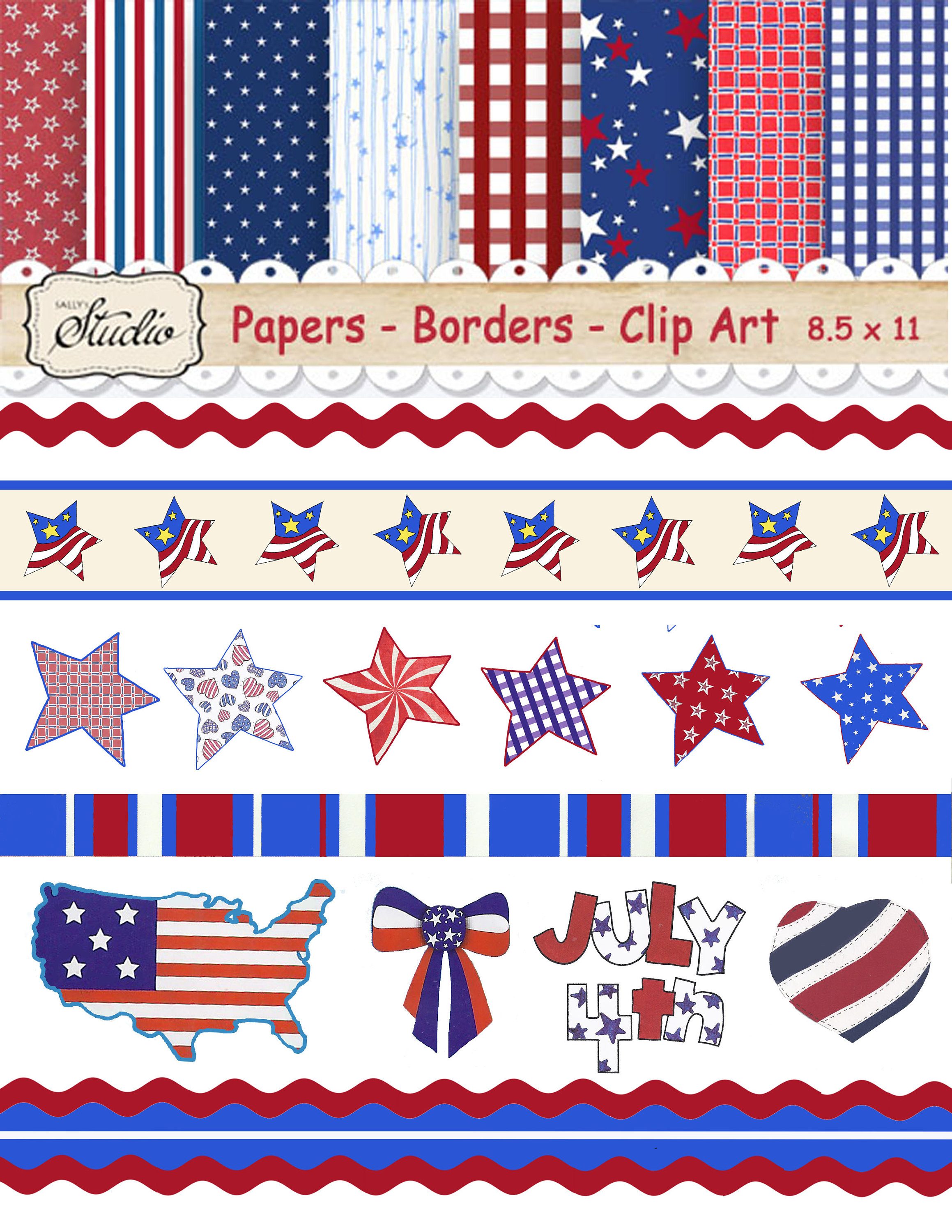 American Scrapbook Paper, USA Scrapbook Clip Art, 4th July