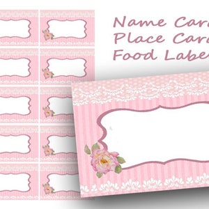 Pink Place Cards Printable, Pink Ribbon Place Cards Digital Name Cards, Food Labels, Table Cards, Table Number Cards, Tea Party tags, image 4