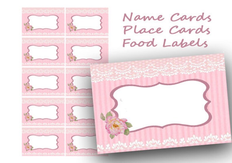 Pink Place Cards Printable, Pink Ribbon Place Cards Digital Name Cards, Food Labels, Table Cards, Table Number Cards, Tea Party tags, image 4