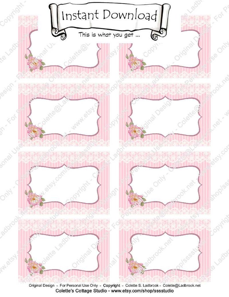 Pink Place Cards Printable, Pink Ribbon Place Cards Digital Name Cards, Food Labels, Table Cards, Table Number Cards, Tea Party tags, image 3