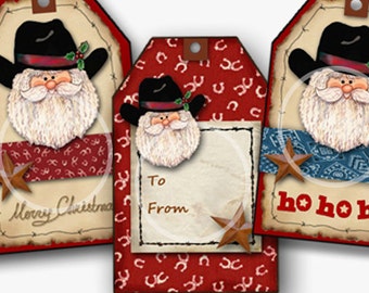 Christmas Western Santa Digital Gift Tags, Cowboy Santa Printable, holiday craft supplies, Country Christmas Printable, Santa Hat, Ho Ho