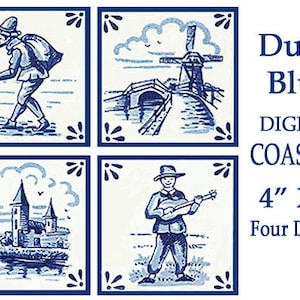 Azulejos imprimibles en azul holandés, posavasos digitales de Delft con fondo cuadrado, juego de tarjetas imprimibles, materiales para manualidades, imágenes prediseñadas para álbumes de recortes