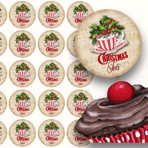 Étiquettes de thé de Noël, cercles de tasse de thé de Noël, étiquettes imprimables pour cadeaux, décorations pour cupcakes, collage numérique, autocollants, tasse de thé rouge, vacances