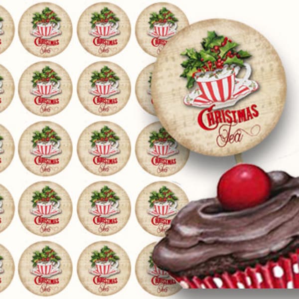 Christmas Tea Tags Christmas tea cup circles Printable gift Tags cupcake toppers Digital collage Holiday Tea Party stickers red tea cup