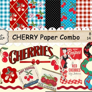 Vintage Cherries Paper Pack, Retro Cherries Clip Art  Printable paper, digital Download, Scrapbook clip art Tags, red Labels, craft supplies