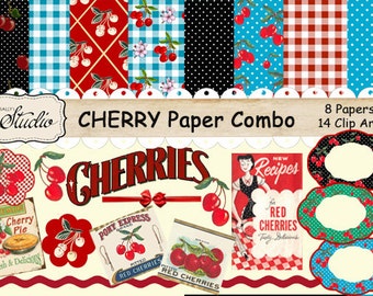 Vintage Cherries Paper Pack, Retro Cherries Clip Art  Printable paper, digital Download, Scrapbook clip art Tags, red Labels, craft supplies