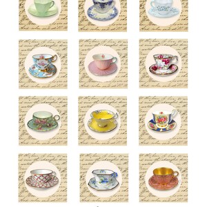 Tea Party tags, Printable Cupcake Toppers Digital Tea Party favor, Vintage Tea cups, college, tea cup circles, bridal shower decor, vintage image 2