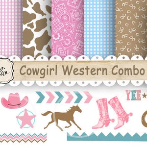 Western Cowgirl Paper, Clip-art Digital paper, Scrapbook clip art, Birthday, country western, craft supplies, printable, JPEG pink boots