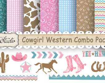 Western Cowgirl Paper, Clip-art Digital paper, Scrapbook clip art, Birthday, country western, craft supplies, printable, JPEG pink boots