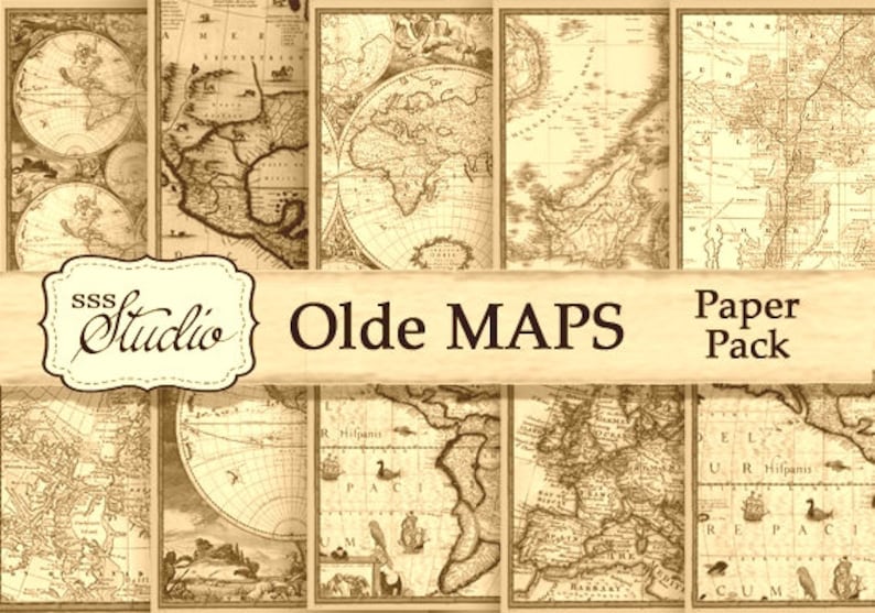 Może przedstawiać: Kolaż ośmiu starodawnych map w sepii, przedstawiających r&oacute;żne regiony świata. Mapy są ułożone w siatkę i mają zużyty, antyczny wygląd. Tekst "Olde MAPS Paper Pack" jest wyświetlany na banerze w środku obrazu.