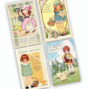May include: Four vintage Easter greeting cards featuring illustrations of children with bunnies, ducks, and eggs. The cards have text that reads "Hello There! Happy Easter", "When I look on you I feel as tho it's like to chuck", "Easter Greetings", and "A Happy Easter".