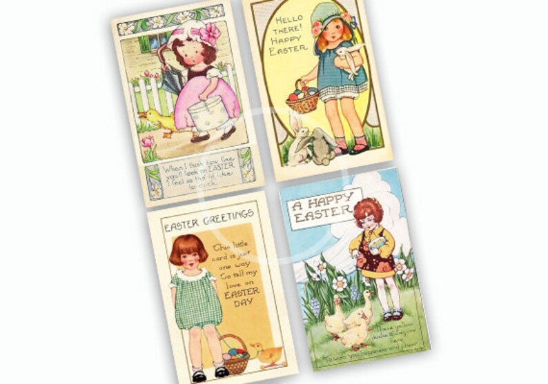 May include: Four vintage Easter greeting cards featuring illustrations of children with bunnies, ducks, and eggs. The cards have text that reads "Hello There! Happy Easter", "When I look on you I feel as tho it's like to chuck", "Easter Greetings", and "A Happy Easter".