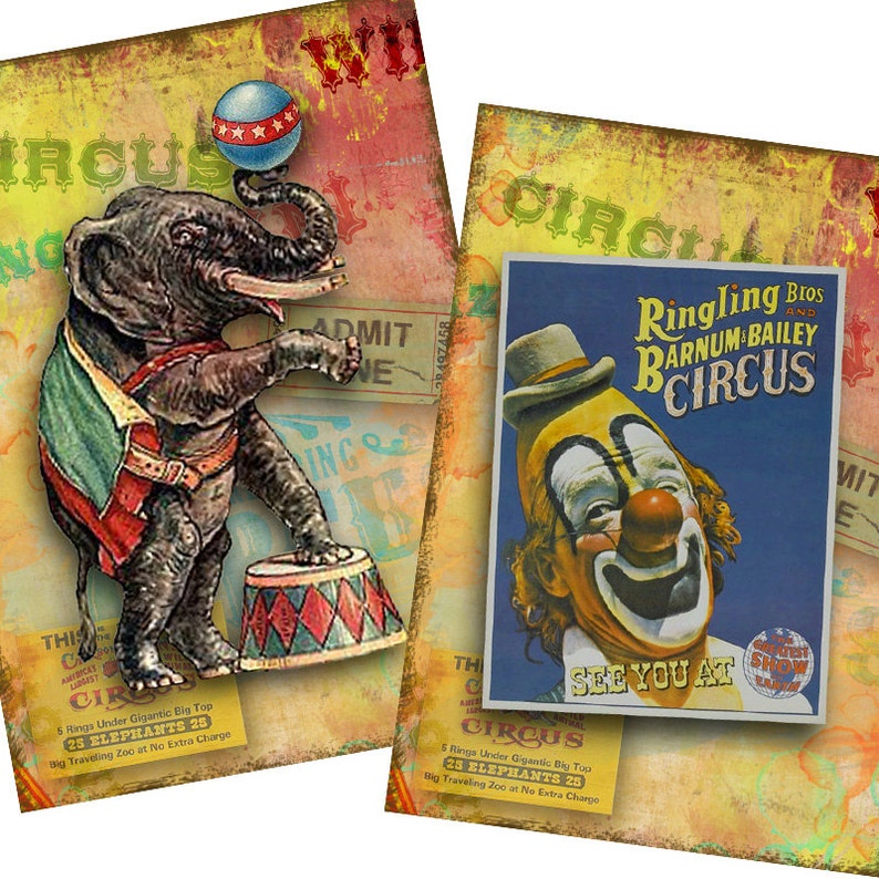 Circus Tags printable Circus Cards Vintage Clown Tags, Elephants Carnival Birthday Party decor digital collage,popcorn tags, School carnival image 4