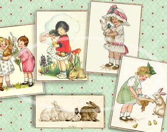 Vintage Easter Cards, Digital Easter Tags, Bunny gift Tags, Printable  DIY Easter Bunny Cards, Easter basket tags scrapbook clip art collage