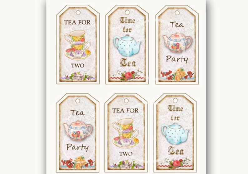 Tea Party Favors Digital Download Tea Tags, Bookmarks, printable Gift Tags, Tea party printables, Birthday party tags, colorful tea cups image 2