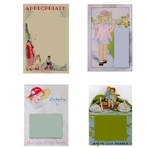 May include: Four vintage note cards with illustrations of children and text. The top left card features a woman and two children walking down a path with the text "Appropriate" and "Bluebird". The top right card features a girl in a pink dress and hat with the text "Miss Kraft". The bottom left card features a woman in a red hat with the text "Luckyday 5c" and "the talk of the town". The bottom right card features two children sitting on a swan with the text "White Lily Pearls".
