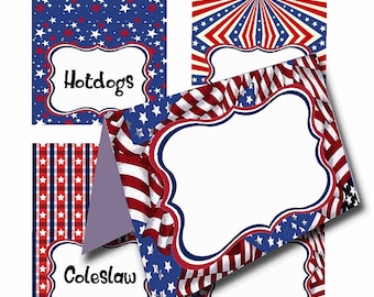 4 juli-tentkaarten, patriottische tentkaarten, Independence Day, Memorial Day, Veterans Day Party BBQ Lunch Plaatskaarten, feestartikelen, digitaal
