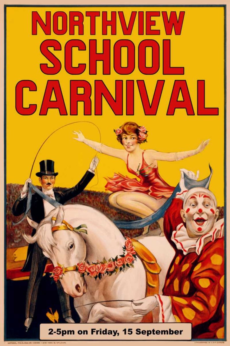 Affiche de carnaval d'école, le nom de votre école, affiche de cirque personnalisée, thème du cirque, clown, décoration de carnaval personnalisée, cirque à imprimer pour un événement scolaire image 3