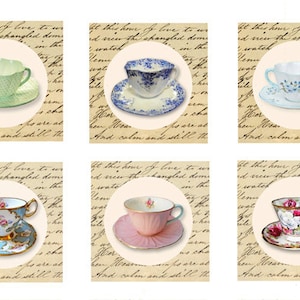 Teetassen Tags, druckbare Cupcake Toppers, digitale Teeparty Mitbringsel, Vintage Teetassen Collage, Brautparty Teedekor, Vintage Teetassen, Handwerk