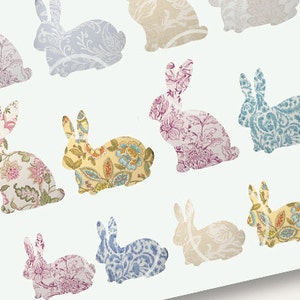 May include: A collection of ten patterned bunny silhouettes in various colors, including pink, blue, yellow, and beige. The bunnies are all facing the right side of the image.