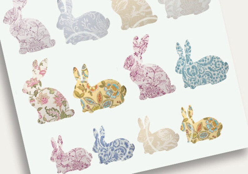May include: A collection of ten patterned bunny silhouettes in various colors, including pink, blue, yellow, and beige. The bunnies are all facing the right side of the image.