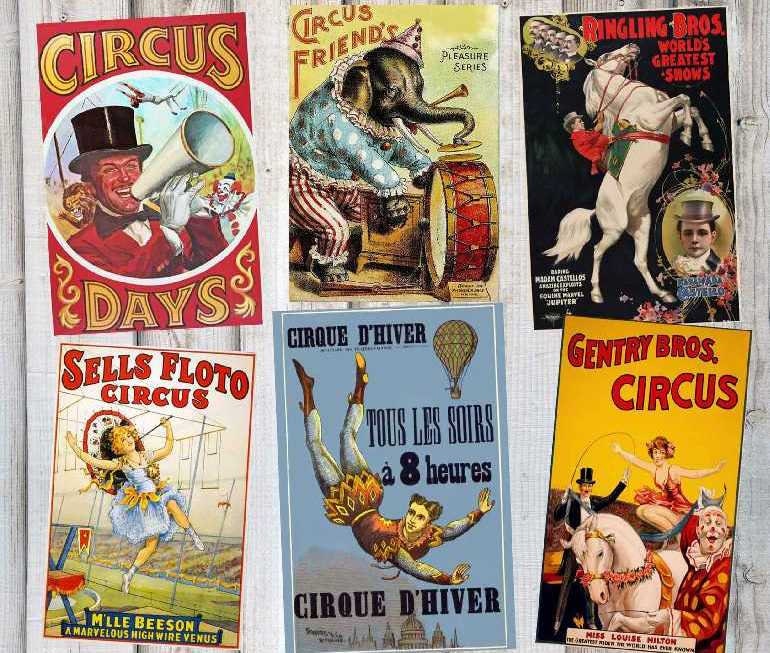Six Very Large Vintage Circus Posters, Digital Files, Showman, Party or Carnival Banners, Birthday Party, Big Top Posters up to 4'x6'
