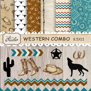 Digital Western Scrapbook Paper Borders-Clip Art Pack Cowboy Instant Download 6 Papers, Blue Borders, Clip Art, digital collage